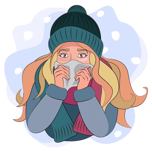 Vector a girl with a runny nose in warm clothes a hat and a scarf 2