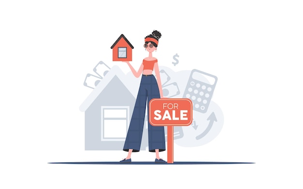 Vector a girl with a for sale sign holds a small house in her hands selling a house or real estate trendy style vector illustration