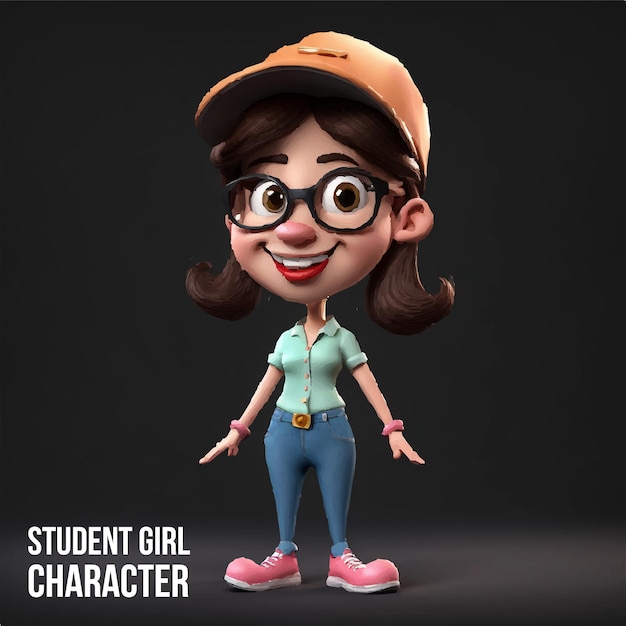 Girl with a school uniform on and a book cartoon character with black background