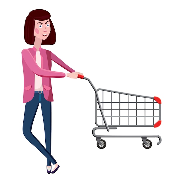 Girl with shopping cart icon Cartoon illustration of girl with shopping cart vector icon for web