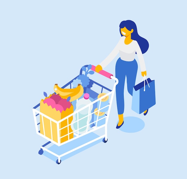 Girl with Shopping cart isometric vector illustration Supermarket buyer