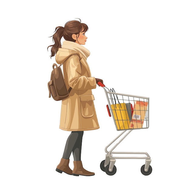 Girl with shopping cart shopping flat illustration isolated on white background concept