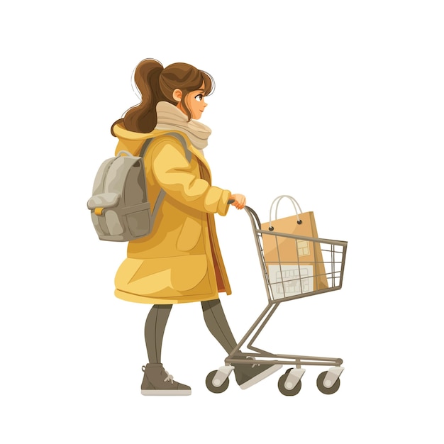 Girl with shopping cart shopping flat illustration isolated on white background concept