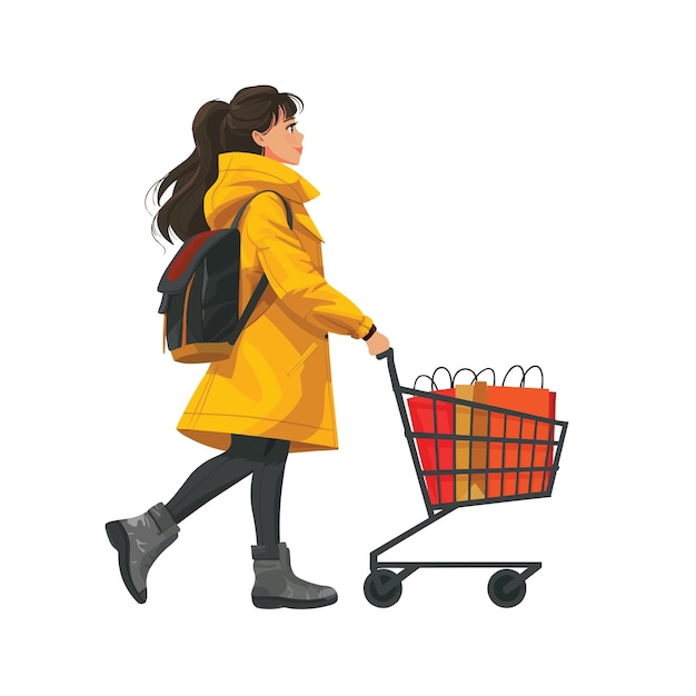 Girl with shopping cart shopping flat illustration isolated on white background concept