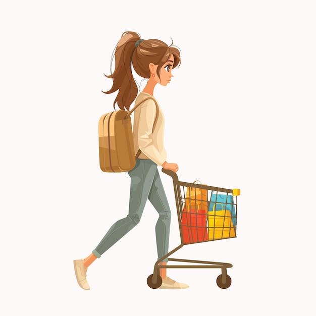 Girl with shopping cart shopping flat illustration isolated on white background concept