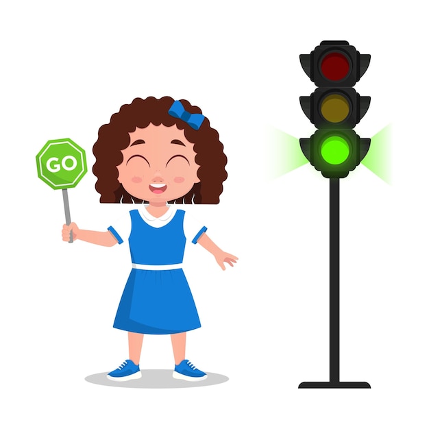 Girl with a sign to go. The traffic light shows a green signal. Vector illustration