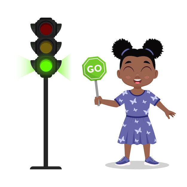 Girl with a sign to go. The traffic light shows a green signal. Vector illustration