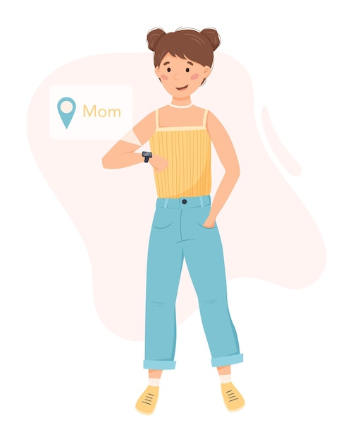 Girl with smart watch on her wrist incoming notification Cartoon Woman looking at fitness bracelet Sharing Geolocation Vector isolated flat illustration