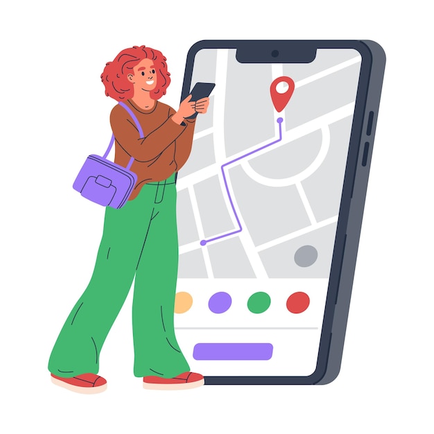 Vector girl with smartphone map application flat vector illustration online city urban map app