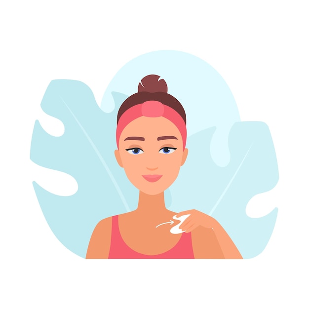 Vector girl with smile massaging neck and chest using gua sha running along collarbone