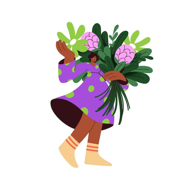 Girl with spring floral bunch Happy black woman walking with summer flowers blossomed bouquet in hands Female with gorgeous blooms Flat graphic vector illustration isolated on white background