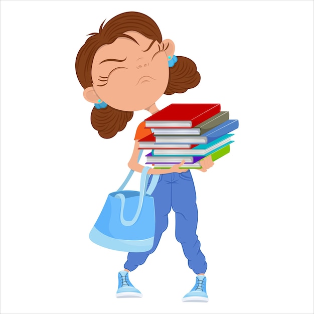 Girl with stack of books Isolated illustration on white background