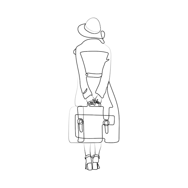 Girl with suitcase, wearing hat and coat. One line art. Travel concept. Vintage vector illustration.