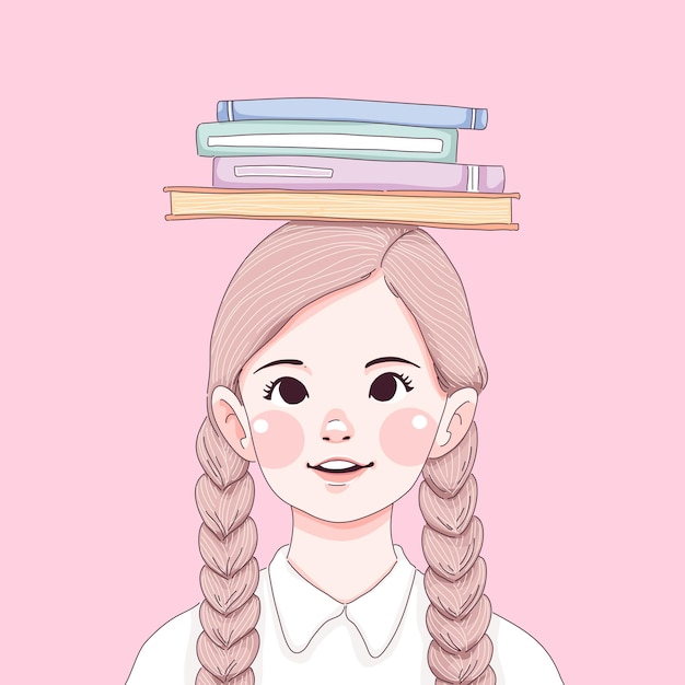 Girl with textbooks on head illustration