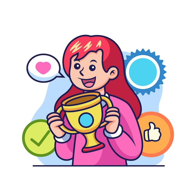 Girl with Trophy Cartoon. Academic   Icon Illustration, Isolated  