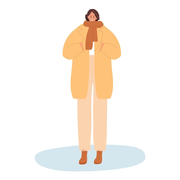 Girl with warm cozy clothes, warm coat, scarf City Dweller keeps her hands in her pockets from cold