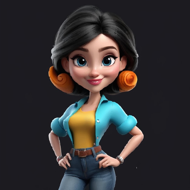 Vector girl with a yellow bow on her hair is posing with a bunch of white and yellow buttons