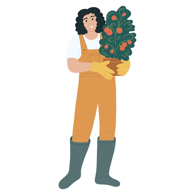 Girl in work clothes holding pot with fresh vegetables Young farmer woman enjoy gardering