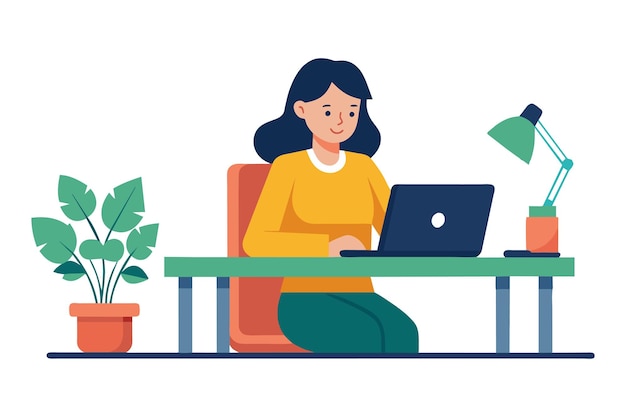 Girl working in her home office flat vector illustration