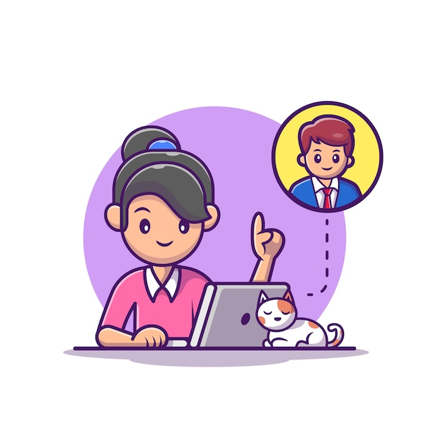 Girl Working On Laptop Illustration. Work From Home Mascot Cartoon Character. People Isolated