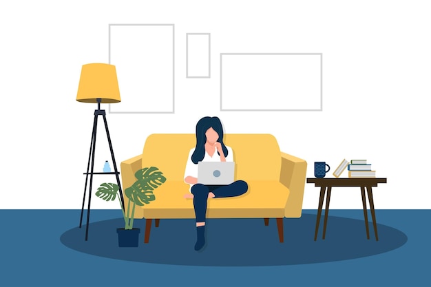 Girl works sitting at homeFreelance or study concept Cute illustration in flat style Remote work freelance Selfisolation The interior of the room