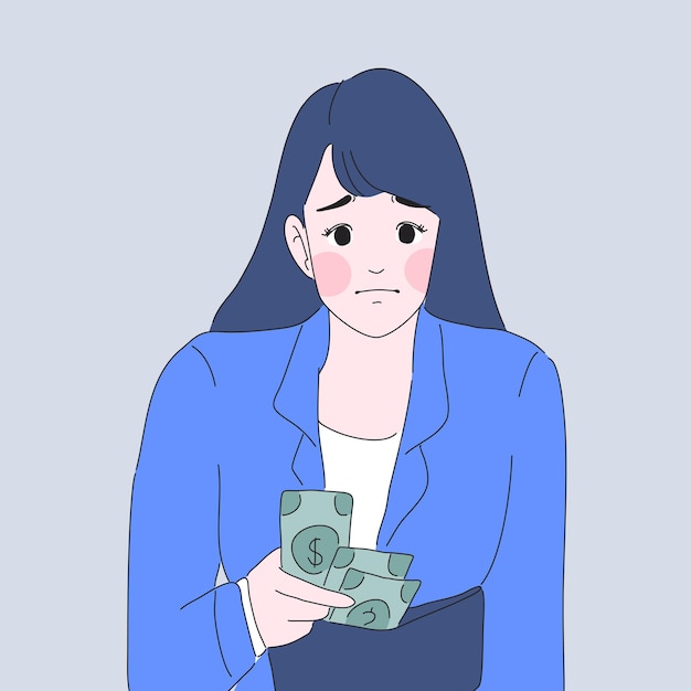 Girl worry about money wallet illustration