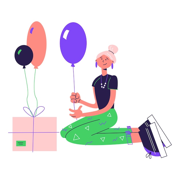 Girl wrapping gift and attaching balloons