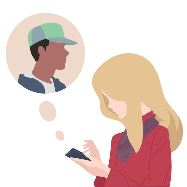 The girl writes a message on the phone to a young guy Vector flat