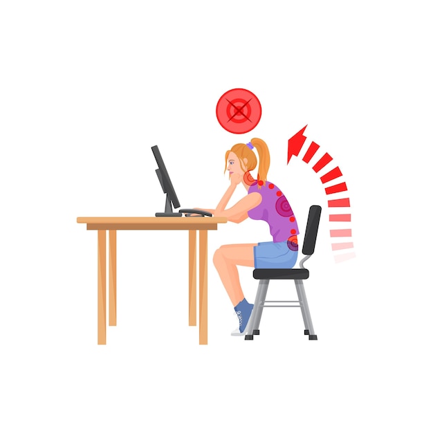 Vector girl in wrong sitting posture at computer