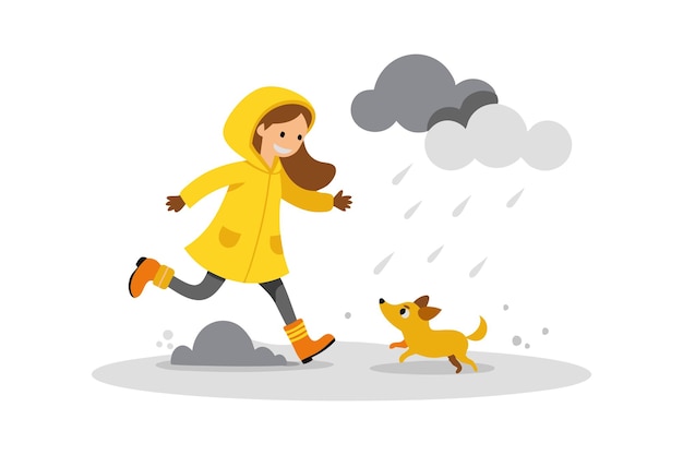 Girl in yellow raincoat running with dog in the rain