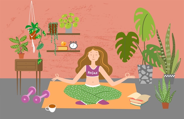 Girl do yoga at home with plants Houseplants vector illustrations Urban jungls Plants are friends