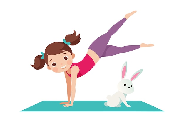 Girl in yoga pose with white rabbit on blue mat