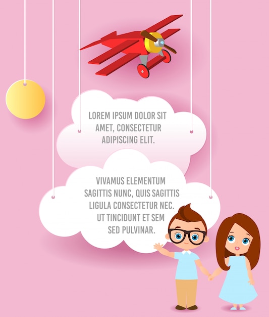 Girl and young boy with glasses. Vector Paper art of cloud and plane flying in the sky. Template advertising