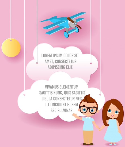 Girl and young boy with glasses. Vector Paper art of cloud and plane flying in the sky. Template advertising