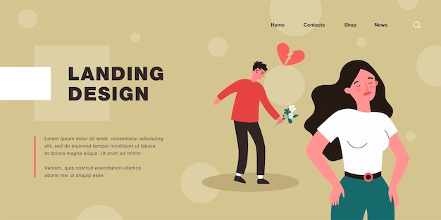 Girlfriend walking away from sad boyfriend holding flowers. Woman rejecting or breaking up with man flat vector illustration. Relationship, rejection concept for banner, website design or landing page