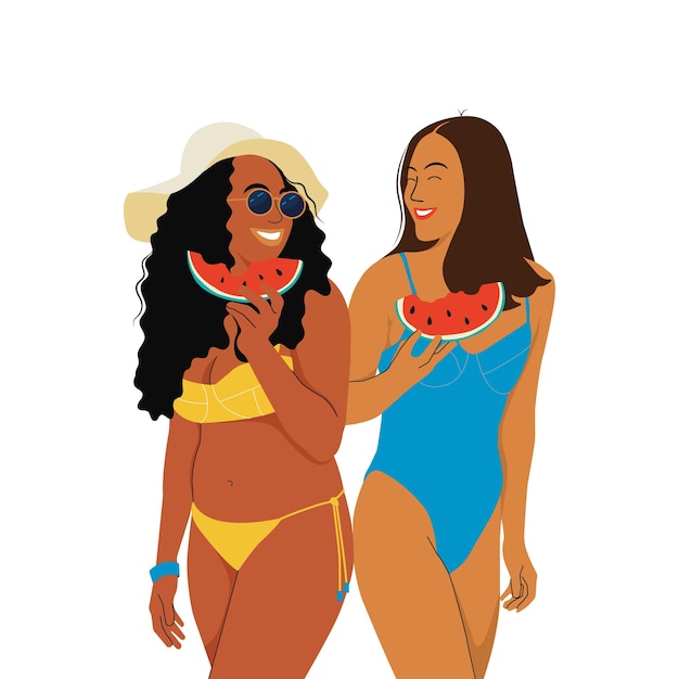 Girlfriends eat Watermelon on the Beach