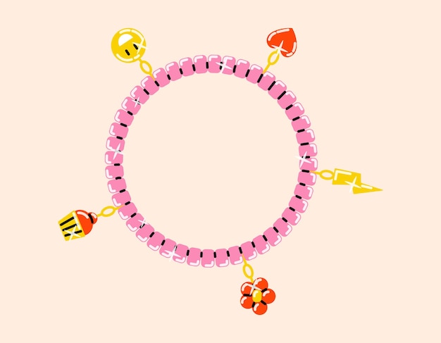 Vector girlish cute handmade bracelet with pendants or keychains vector isolated baby beaded flat chain 90s fashion