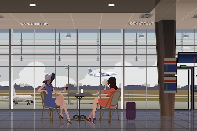 Girls at the airport at a table against the background of the window Vector