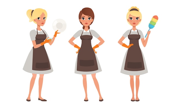 Vector girls in apron doing housework young women in uniform cleaning home cleaning company service cartoon style vector illustration