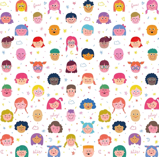 Girls and Boys Different Faces Cute Illustrated Vector Seamless Pattern