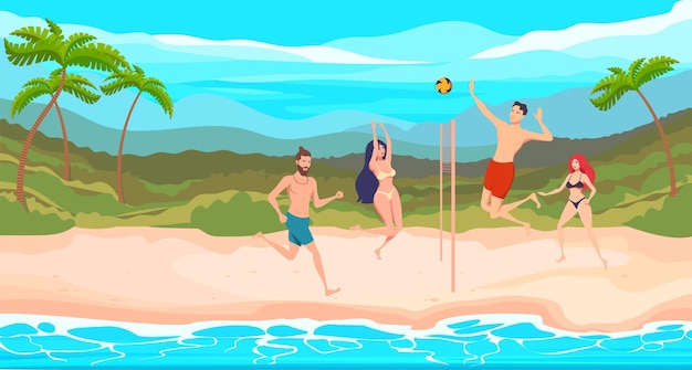 Girls and boys play volleyball on a tropical beach