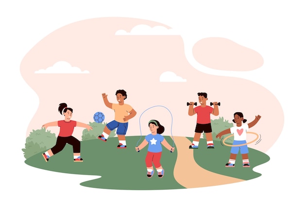 Girls and boys do sports outdoors in clearing vector flat illustration on white background