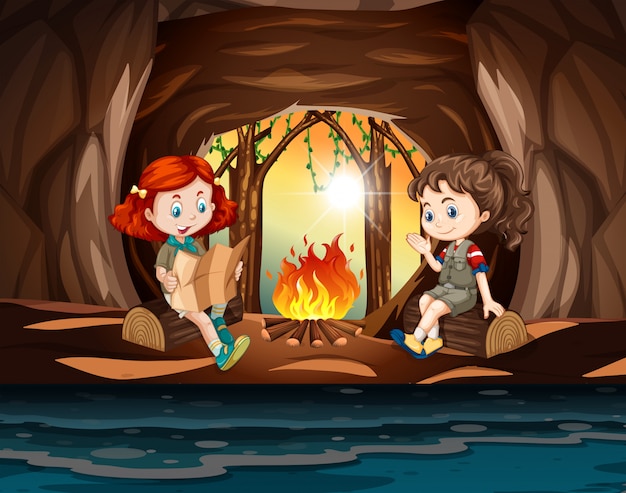 Vector girls camping in the cave