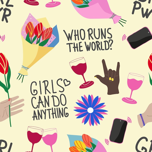 Girls can do anything phrase feminism seamless pattern solidarity and diversity