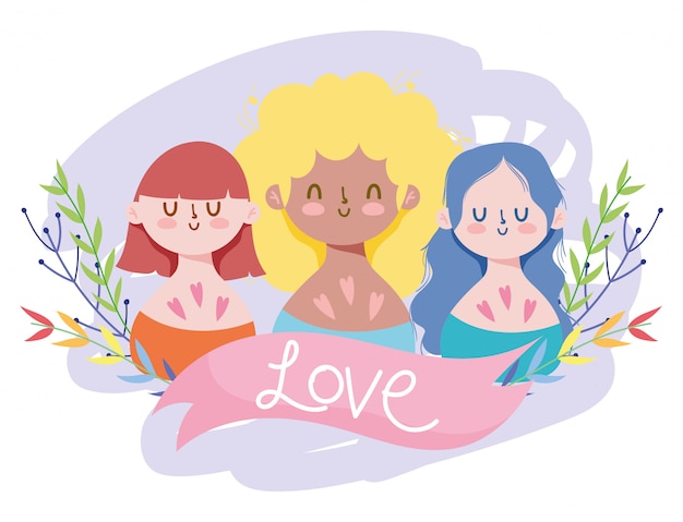 Girls cartoons with lgtbi leaves and love ribbon design