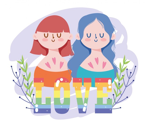 Vector girls cartoons with lgtbi love text and leaves vector design