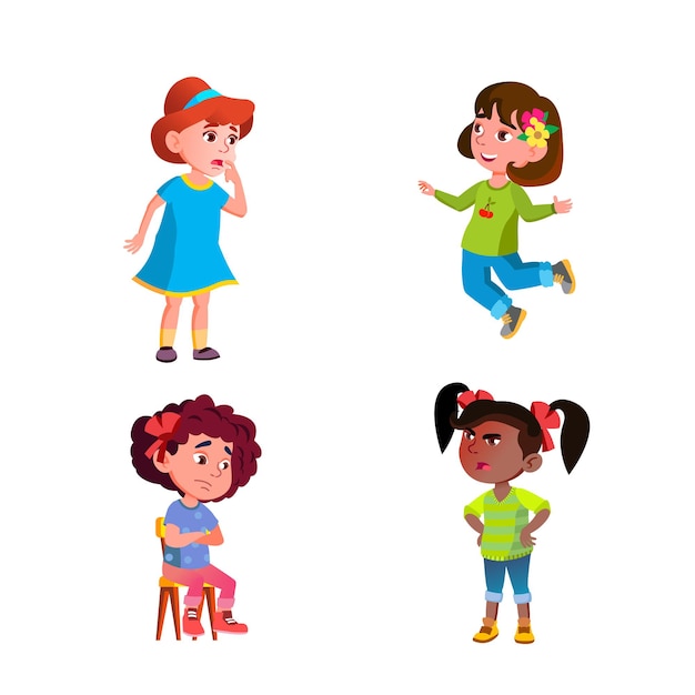 Girls Children Different Emotions Mood Set Vector. Happy Jumping And Angry Shouting At Friend, Thoughtful And Sad, Surprised And Scary Kids Emotions. Characters Expression Flat Cartoon Illustrations