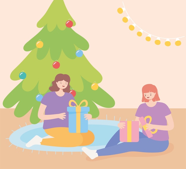 Girls in christmas party sitting opening gift boxes vector illustration