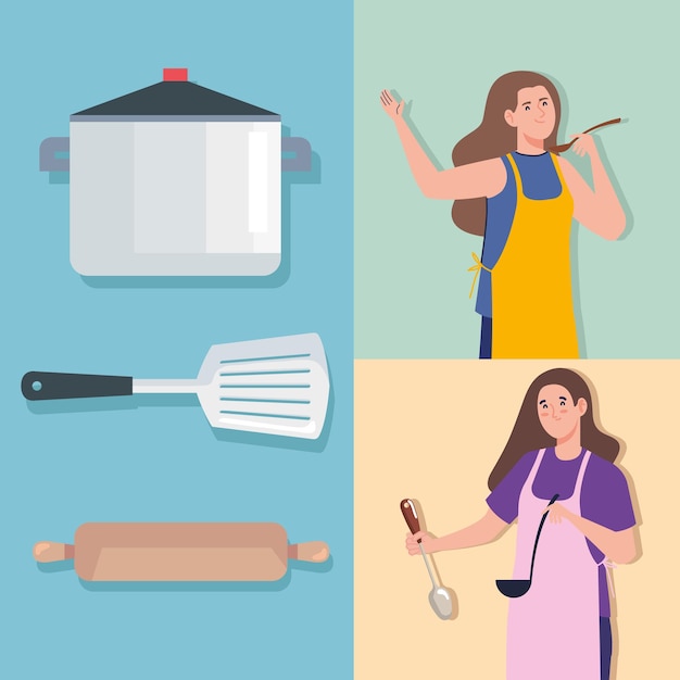 Girls cooking with equipment