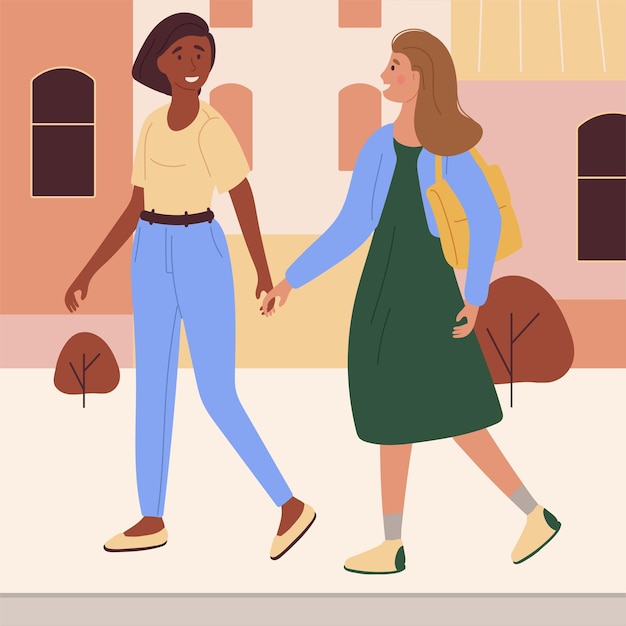 Girls of different races walk together holding hands Vector illustration on a city fen with houses